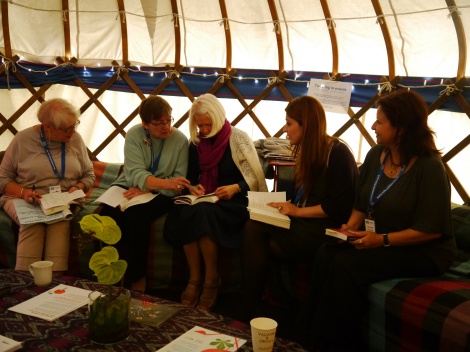 (L-R) Liz Lochhead, Robyn Marsack, Christine de Luca, Maya Abu al-Hayyat and Abla Oudeh in the authors' tent at Edinburgh International Book Festival, preparing for their readings.